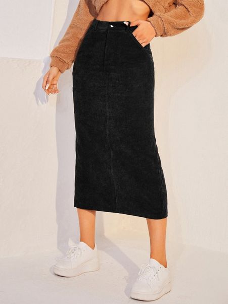 

high waist slant pocket slit back corduroy skirt y6bw#, Black