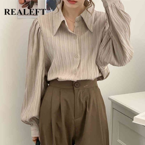 

elegant turn-down collar women's blouse spring summer fashionable puff sleeve buttons loose female shirts 210428, White