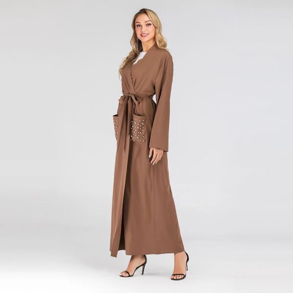 

ethnic clothing muslim dress fashion middle east islamic abaya duabi pearl pocket robe turkey cardigan belt donsignet, Red
