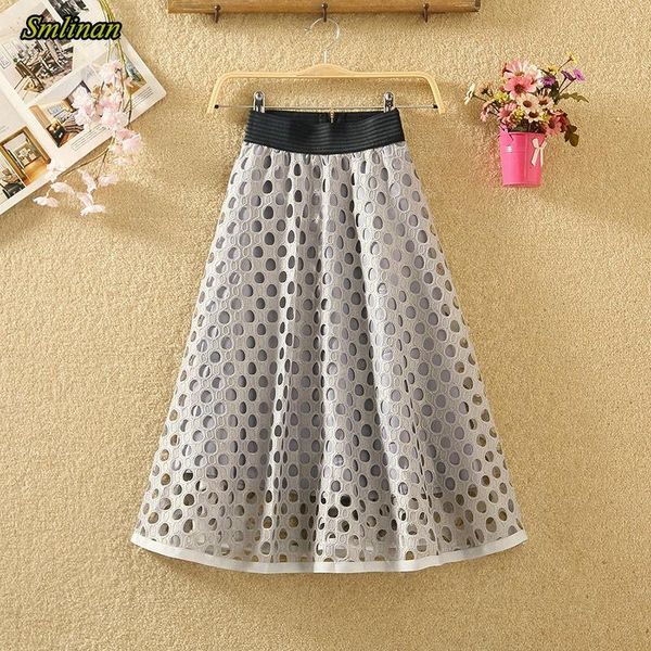

smlinan summer lace hollow out mid-length skirt women elastic high waist casual midi skirts korean style vintage office, Black