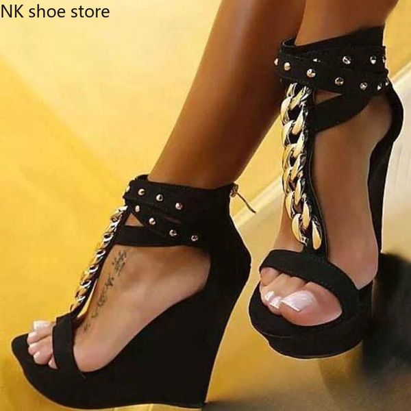

sandals 2021 gladiator women high heels fashion chain platform wedges shoes for, Black