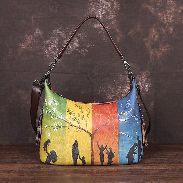 

evening bags leather handbag women's large-capacity design sense hand-painted first layer cowhide fashion one-shoulder messenger bag