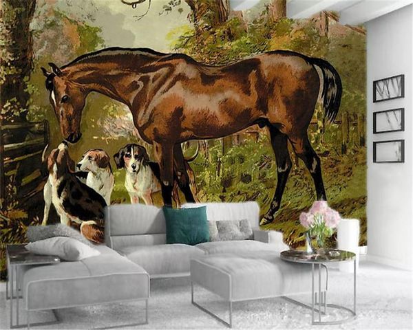 

wallpapers living 3d wallpaper sturdy horse and cute puppy hd animal interior decoration silk