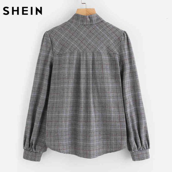 

women's blouses & shirts shein elegant womens and work women grey bow tie neck long sleeve regular fit plaid blouse, White