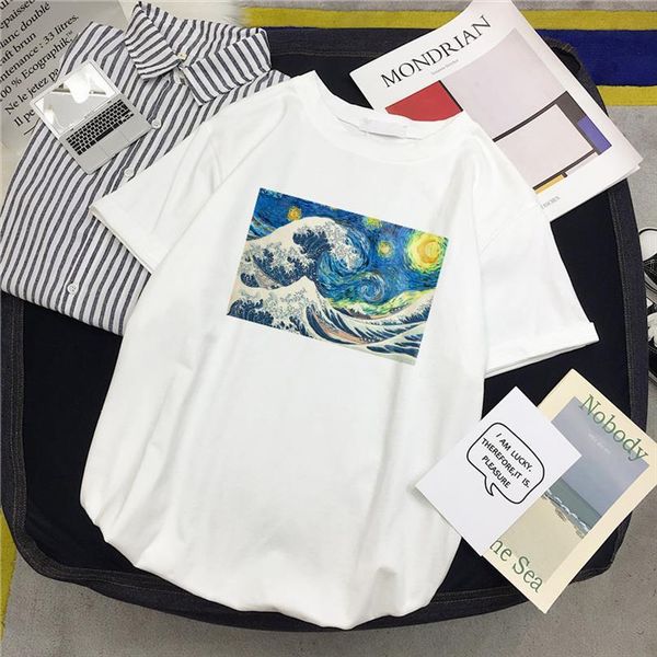 

and womens fashion wave mens plus size women tees summer short sleeve casual female vintage van gogh painting loose, White;black