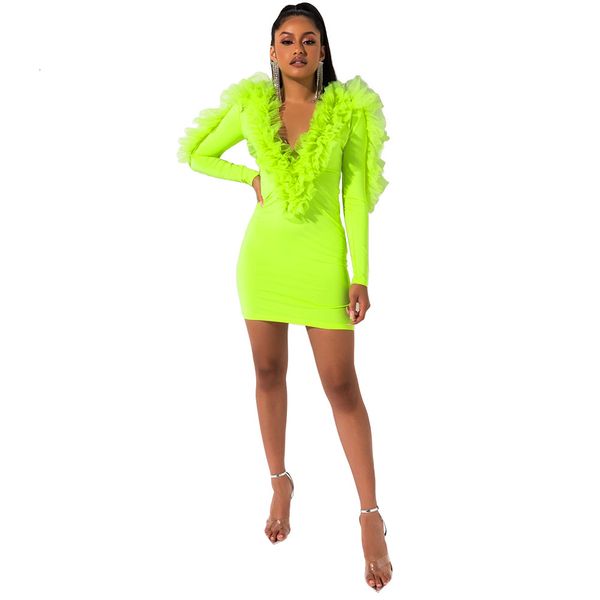 

arrivals ruffles mesh deep v neck long sleeves women party short bodycon nightclub autumn real image black green, Black;gray