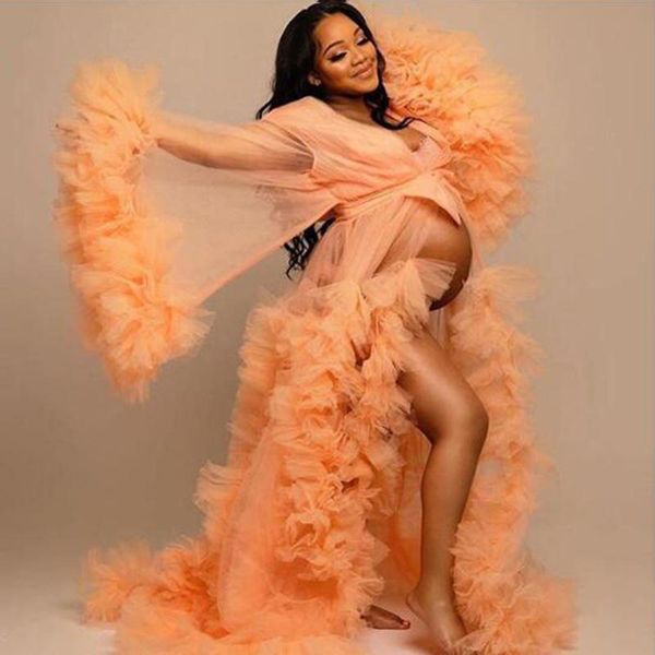 

orange tulle bridal sleepwear maternity robes for pgraphy babyshower pregnant dresses nightgown full sleevs evening dress, White