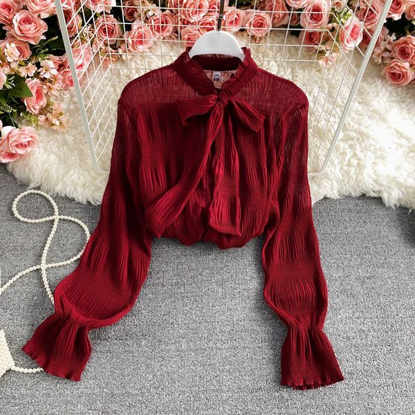 

summer elegant long-sleeved chiffon shirt female design sweet bow tie belt trumpet sleeve bottoming and blouse women 210420, White