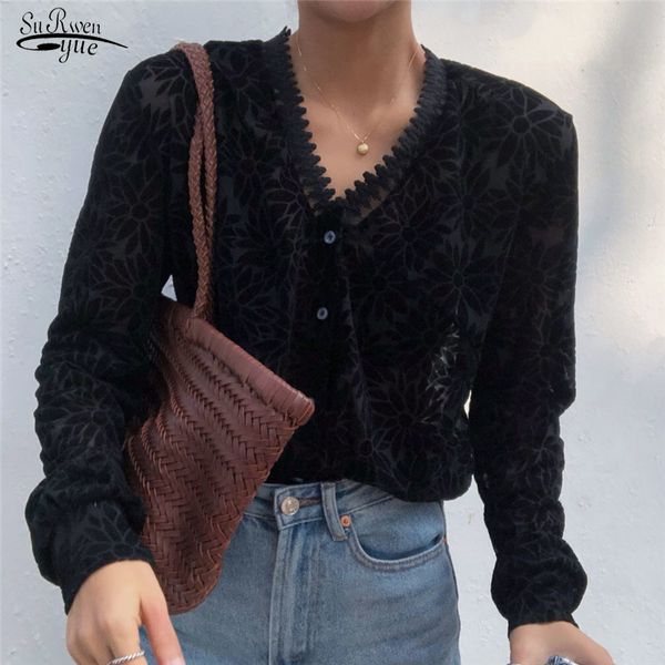 

early autumn korean chic see through long sleeve lace women's shirts black v-neck stitching shirt blusas mujer 11358 210521, White