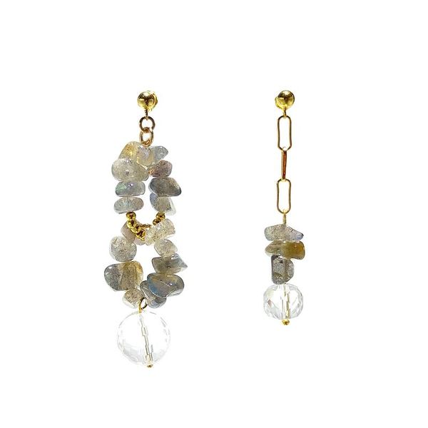 

stud lii ji 925 sterling silver natural labradorite clear quartz asymmetric gold plated earrings, Golden;silver