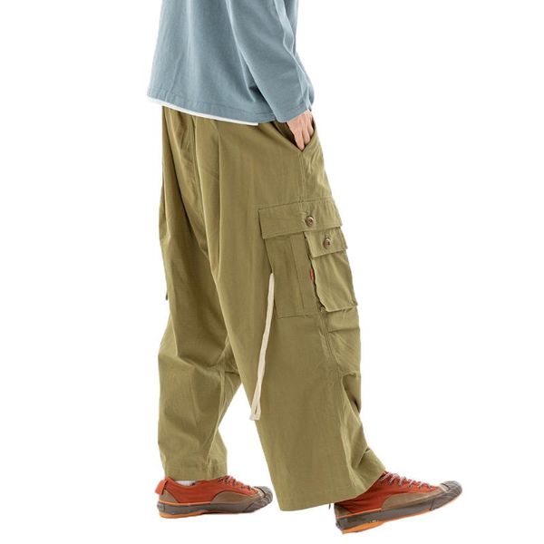 

solid color multi-pocket cargo pants mens amekaji ribbon wide leg casual baggy trousers men men's, Black