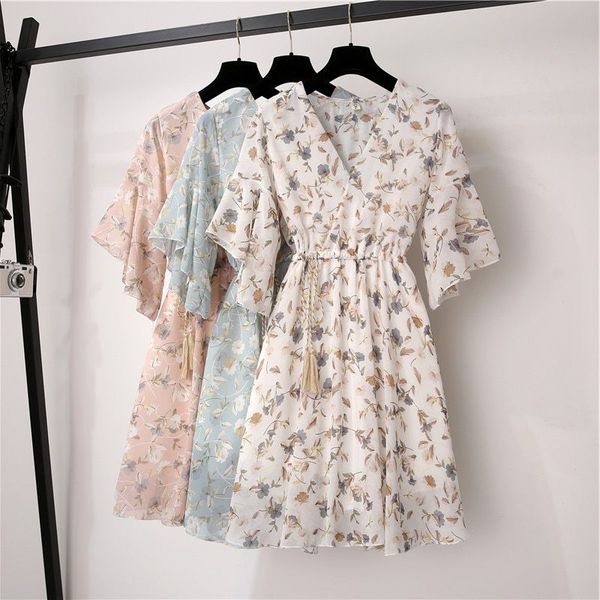 

spring summer chiffon women v-neck floral print short dresses sweet ruffle sleeeve slim 2021 new drawstring ladies dress, Black;gray