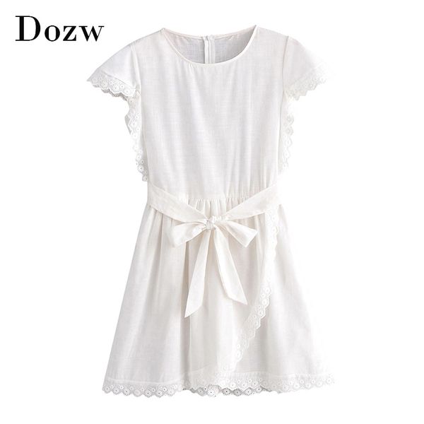 

women lace patchwork white cotton dresses short sleeve solid casual sashes dress female o neck summer elegant mini dress 210414, Black;gray