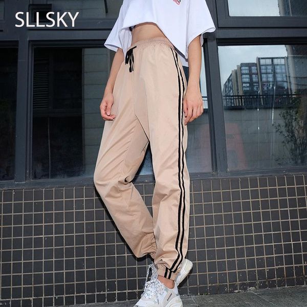 

women's pants & capris sllsky women side striped casual patchwork elastic waist cargo loose solid pleated jogging sweatpants, Black;white