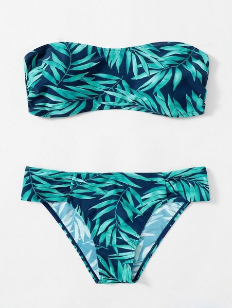 

leaf random print bandeau bikini swimsuit y1v1#, White;black