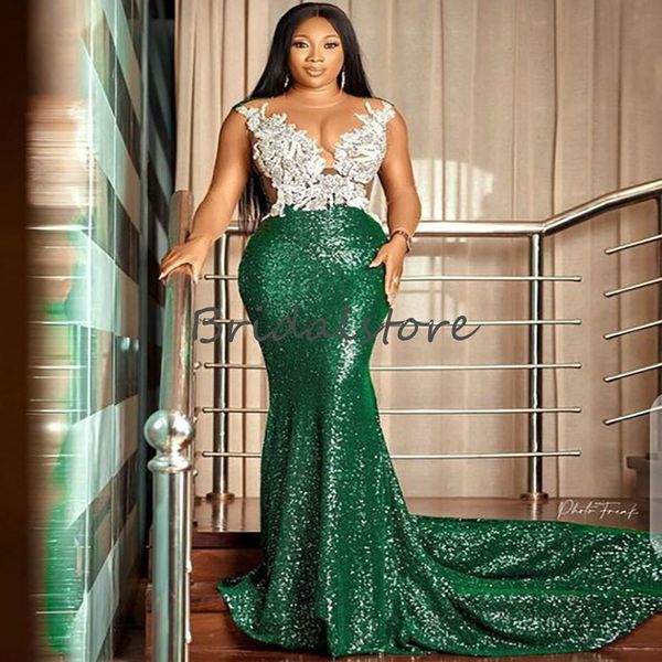Sparkly Green Sequin Mermaid вечернее платье плюс размер черные девушки Платья выпускного вечера 2021 см. Через вершину без спинки формальные платья партии Giltter Robe de Soyerée