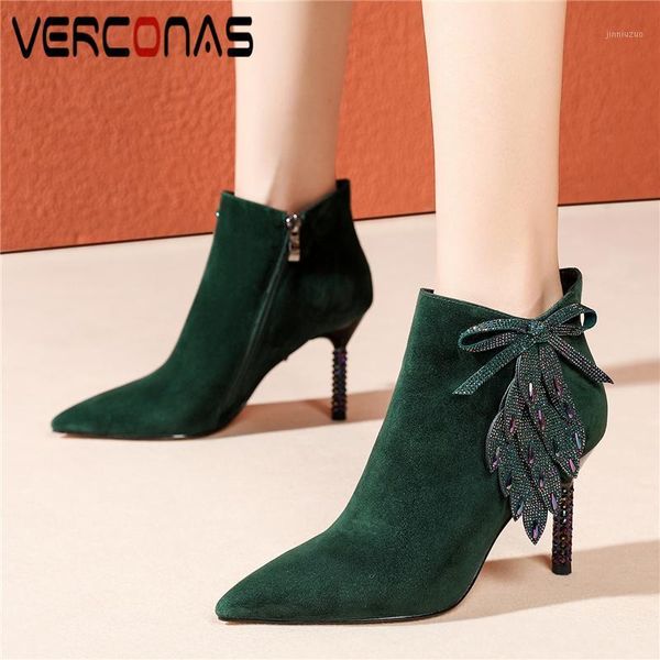 

boots verconas women ankle autumn winter kid suede shoes woman fashion elegant thin heels zipper appliques working1, Black