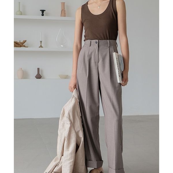 

[ldyrwqy] leg female high waist korean wild suit trousers button fly full length polyester wide pants 210416, Black;white