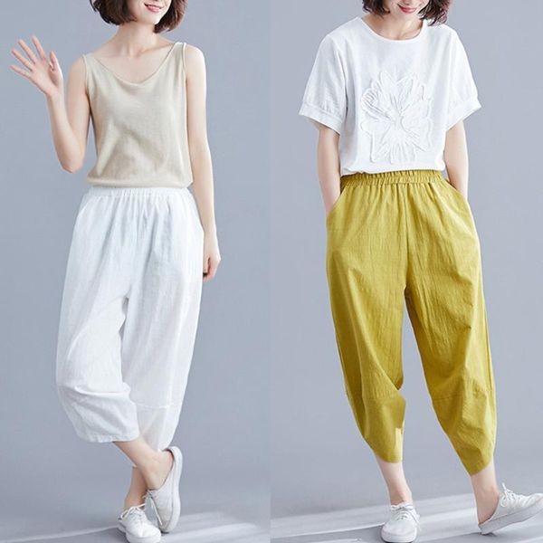 

women's pants & capris linen solid loose elastic waist casual harlan pantalones de mujer talla grande elasticos #33, Black;white