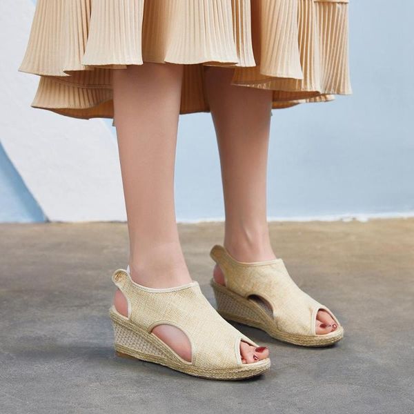 

dress shoes handmade ladies peep toe linen espadrilles slingback summer women casual wedge heeled platform sandals black beige