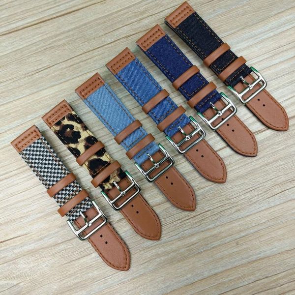 

watch bands genuine leather 22 mm strap replacement band denim with multi-pattern leopard universal model, Black;brown