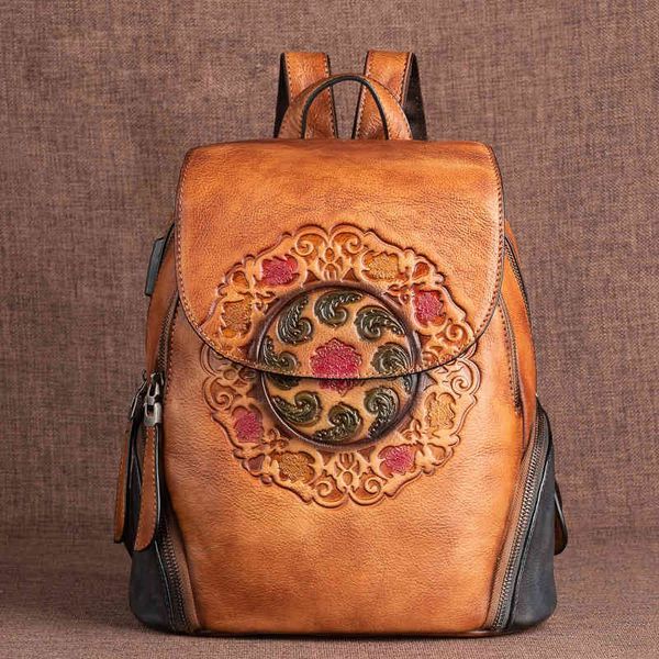 

retro genuine leather backpack women bag 2021 winter handmade embossing floral large capacity bagpack female vintage backpacks