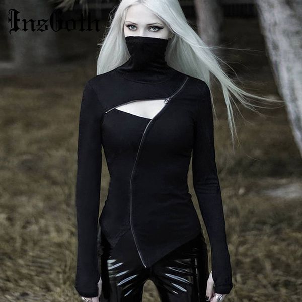 

insgoth turleneck bodycon black women t-shirts gothic punk zipper hollow out long sleeve t-shirt streetwear party goth top, White