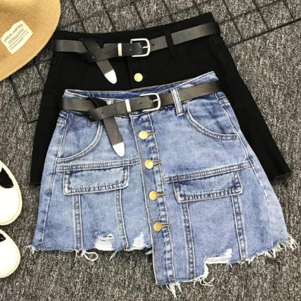 

s- 5xl denim skirt women fahsion irregular hole single breasted high waist mini a-line skirts, Black