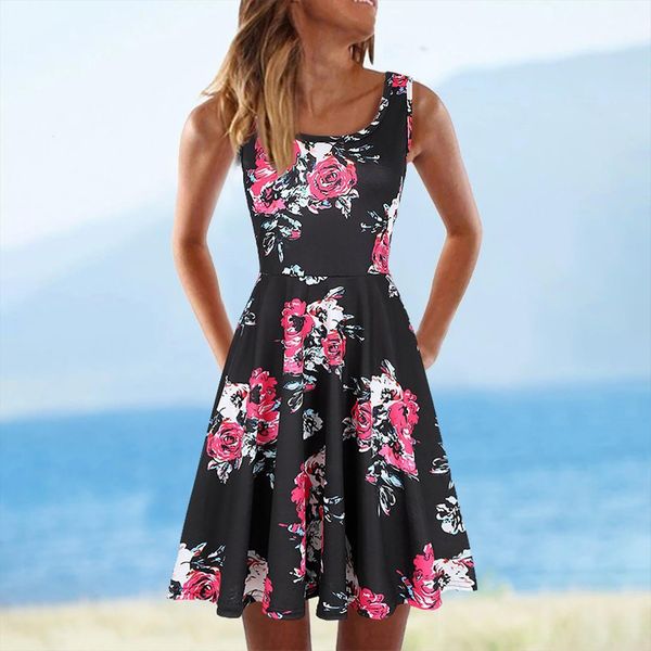 

casual sleeveless o neck summer womens dress print beach vestido de mujer s 2xl, Black;gray