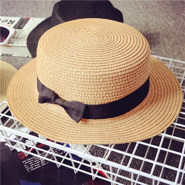 

stingy brim hats summer women ribbon classic bowknot flat sun hat travel boater beach straw cap lady panama casual fashion england multicolo, Blue;gray