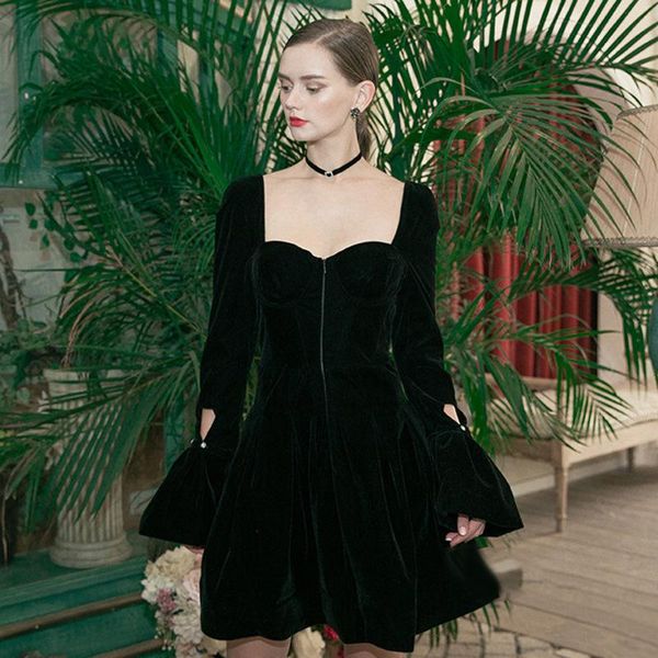 

casual dresses v-neck long sleeve black party women 2021 autumn winter runway designers vintage short velvet dress, Black;gray