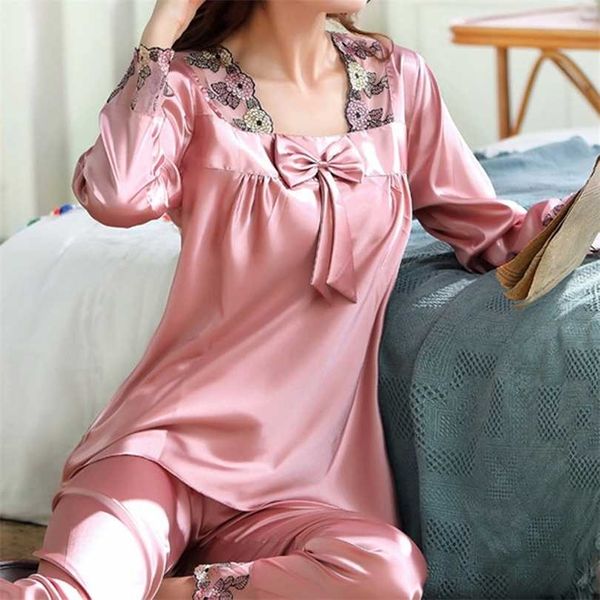 2 mulheres pijamas de seda falsa cetim conjunto de manga comprida terno feminino homewear