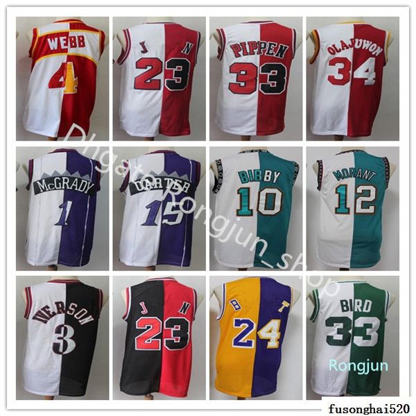 

split two colors basketball jersey allen iverson scottie pippen hakeem olajuwon tracy mcgrady vince carter mike bibby spud webb ja morant me, Black;red