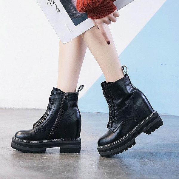 

boots winter women zipper genuine leather ankle high shoes keep warm platform wedges, Black