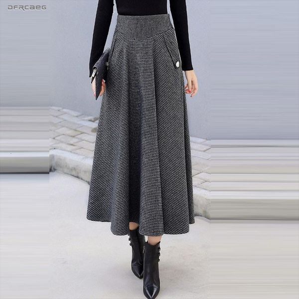 

high waist retro plaid woolen womens skirt winter fashion warm office wool pleated maxi femme saia longa, Black