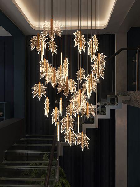 Moderne goldene Ahornblatt-Treppenhaus-LED-Kronleuchter-Beleuchtung Pendelleuchten Nordic Duplex-Gebäude-Wohnzimmer-Glanz-Villa-Treppenhaus-Kronleuchter