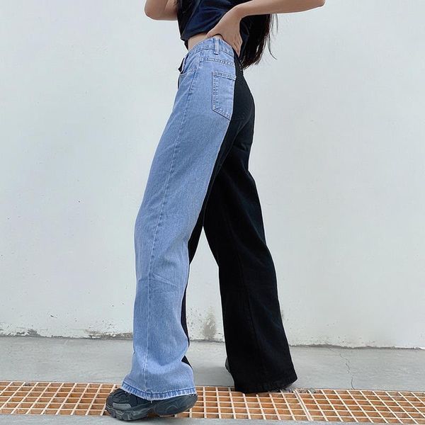 

harajuku blue and black patchwork women pant jeans streetwear high waist wide leg pantalon femme korean fashion outfit, Black;white