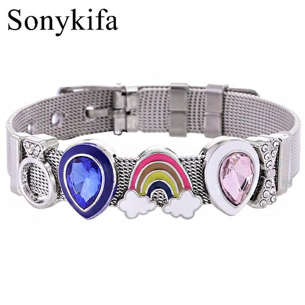 

charm bracelets sonykifa stainless steel mesh bracelet diy droplet design rainbow fine fit men's and women child gift jewelry, Golden;silver