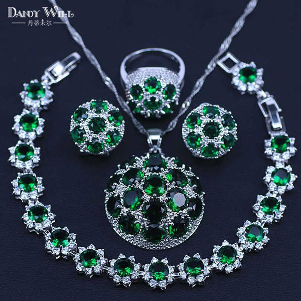 

fashion silver color costume jewelry set lovely round cz stone and green crystal necklace earring ring set for women present h1022