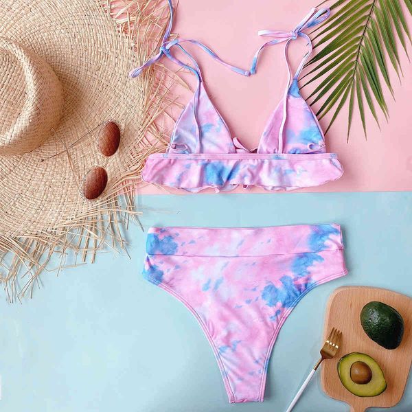 

girls high waist ties front closure pink tie dye ruffle bikini setby air