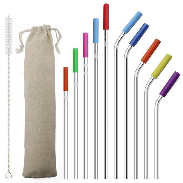 

2pcs straw bent 304 metal silver straight with stainless steel reusable drinking tips cover silicone clean 1 brush straws