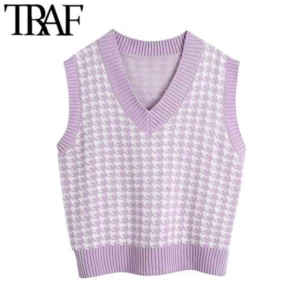 

women fashion oversized houndstooth knitted vest sweaters vintagesleeveless side vents female waistcoat chic 210507, White