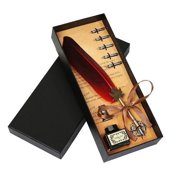 

calligraphy feather pen 10 colors elegant quill with ink bottle gift fountain pens