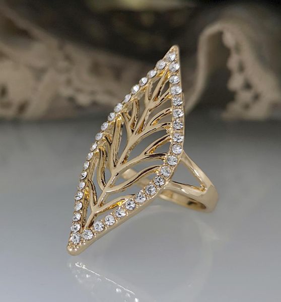 

big leaf rings for women white rhinestone pave setting elegant unique design hollow finger fashion jewelry party wedding, Slivery;golden