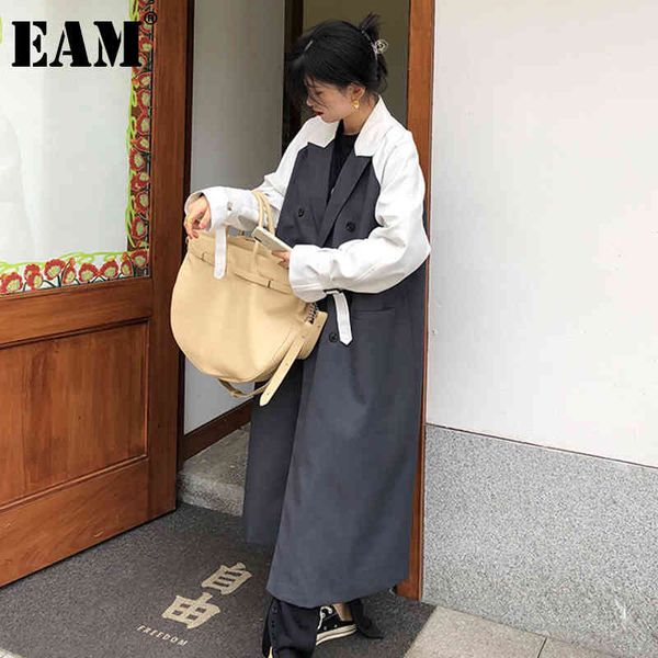 

[eam] gray big size double breasted women trench long sleeve loose fit windbreaker fashion spring autumn 1dd6455 21512, Tan;black