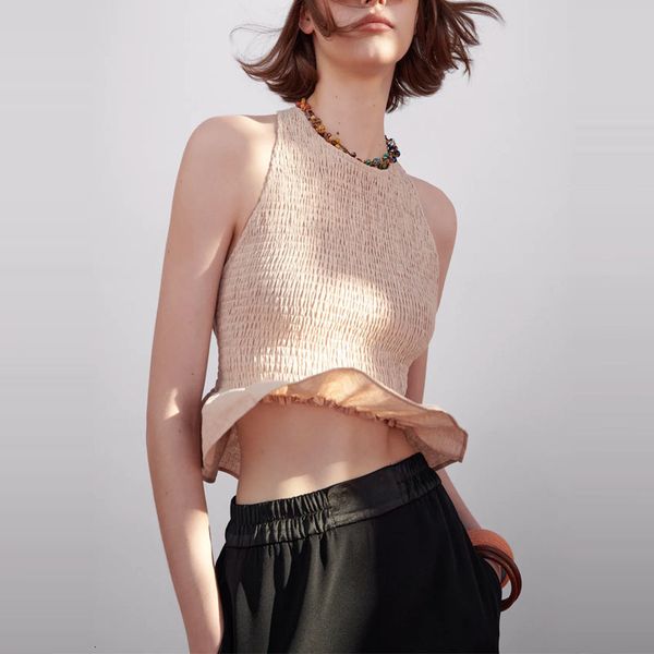 

blouses women vintage elasticized rustic ruffle blouse spaghetti straps backless summer shirt woman chic smocked blusas, White