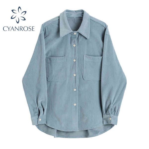 

blue striped corduroy shirt loose basic vintage blouse ladies casual cardigan lapel pocket retro bf harajuku street blusas 210417, White