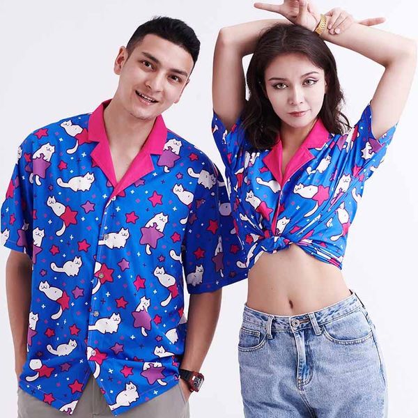 

women's swimwear cascual shirt woman dress official original blue cat print pattern shirts turn-down collar couple streetwear, White;black