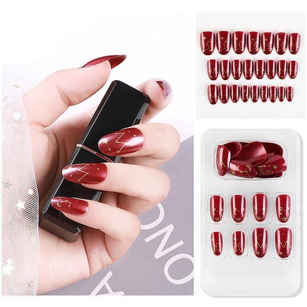 

24pcs reusable detachable nail full cover fake tips self-adhesive sticker red wine matte pattern art dect with 1 sheet tape1, Red;gold
