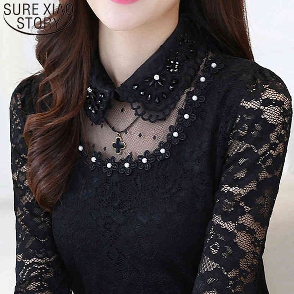 Mulheres e Blusas Lace Blusa Mulheres Preto Camisas Diamantes Sólidos Peter Pan Collar Plus Size Tops Blusas 7144 50 210415